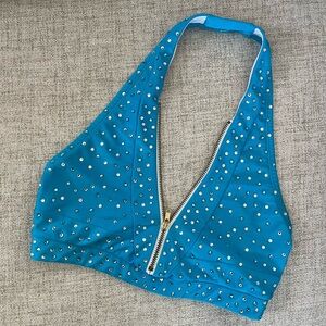 Sparkling Blue Sports Bra with Rhinestones & Front Zipper